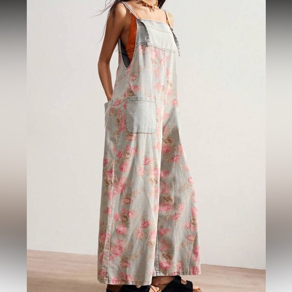 Floral denim jumpsuit blue Wash overalls pockets flowers - Picture 4 of 6